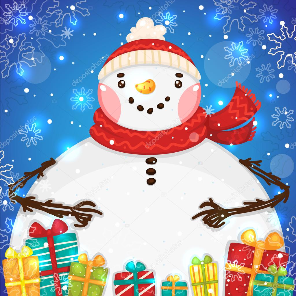 Cute Snowman with gifts, vector.