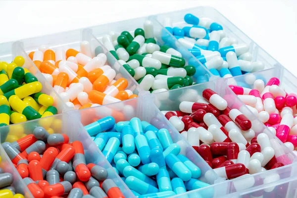 Cápsulas Coloridas Caja Plástico Industria Farmacéutica Farmacia Productos Farmacia Interacciones — Foto de Stock