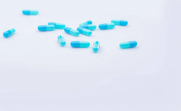 Selective Focus Blue Capsule Pill White Background Pharmaceutical Industry Pharmacy — Stock Photo, Image