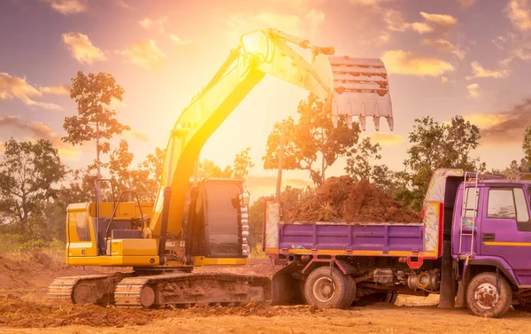 Backhoe Working Digging Soil Construction Site Loading Truck Bucket Backhoe — Stock Photo, Image