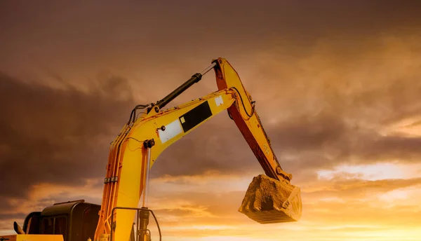 Backhoe Working Digging Soil Construction Site Closeup Hydraulic Arm Bucket — Stock Photo, Image