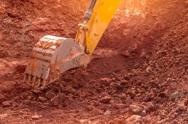 Backhoe Working Digging Soil Construction Site Bucket Backhoe Digging Soil — Stock Photo, Image