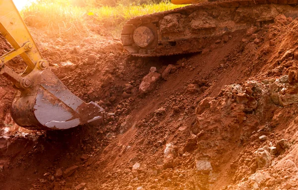 Backhoe Working Digging Soil Construction Site Bucket Backhoe Digging Soil — Stock Photo, Image