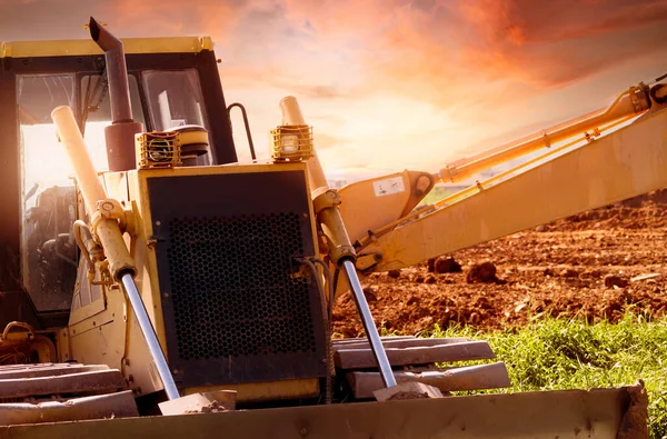 Selective Focus Bulldozer Blur Background Backhoe Construction Site Excavation Vehicle — Stock Photo, Image