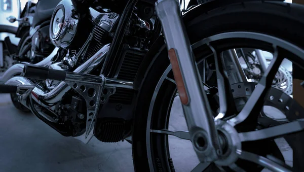 Selective Focus Motorcycle Frame Closeup Motorcycle Exhaust Pipe Engine Guard — 스톡 사진