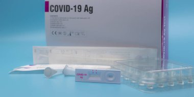 Covid 19 antigen self test for nasal swab. Antigen test kit for home use to detection coronavirus infection. Rapid antigen test. Corona virus diagnosis. Medical device for covid-19 Antigen test. clipart