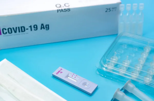 Covid 19 antigen self test for nasal swab. Antigen test kit for home use to detection coronavirus infection. Rapid antigen test. Corona virus diagnosis. Medical device for covid-19 Antigen test.