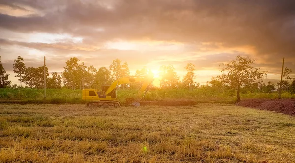 Landscape Rice Field Tropical Forest Sunset Sky Backhoe Working Digging — Stock Photo, Image