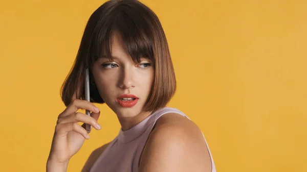 Attractive Brunette Girl Bob Hair Talking Best Friend Phone Discussing — Stock Photo, Image