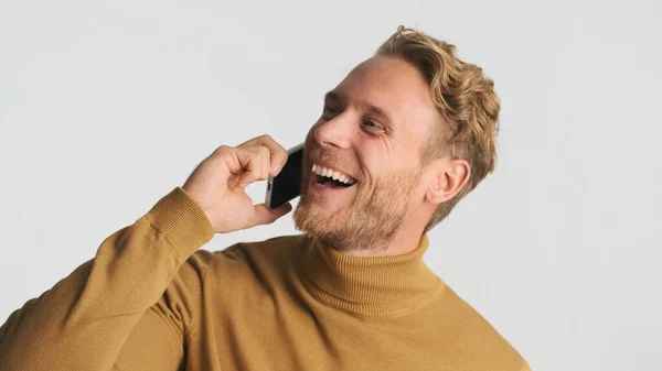 Attractive Joyful Blond Bearded Man Wear Turtleneck Talking Smartphone Friends — Stock Photo, Image