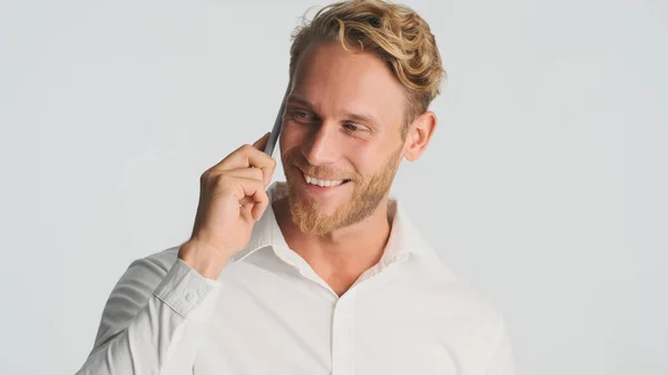 Handsome Smiling Blond Bearded Man Shirt Discussing New Business Project — Stock Photo, Image