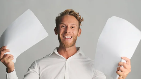 Successful Blond Bearded Businessman Shirt Holding Documents Emotionally Rejoicing Camera — Stock Photo, Image