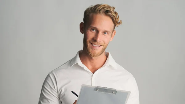 Attractive Blond Bearded Businessman Shirt Looking Happy Working Documents Isolated — Stock Photo, Image
