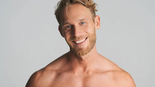 Handsome Cheerful Blond Bearded Man Looking Happy Smiling Camera Isolated — Stock Photo, Image
