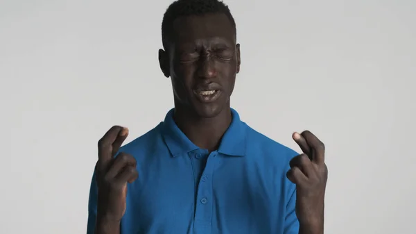 Emotional African American Guy Crossed Fingers Hope Good Luck Isolated — Stock Photo, Image