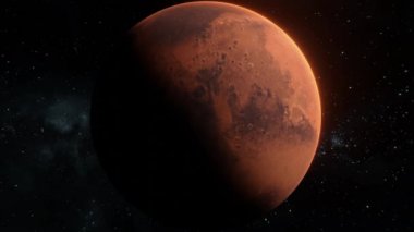 Mars gezegeni, açık uzayda, yıldızların arka planında eksen etrafında dönüyor. 4k görüntüde Mars kızıl gezegeninin ön görüntüsü. 3D gizemli gezegen Güneş tarafından yarı aydınlatıldı.