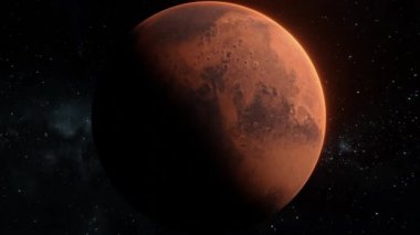 Mars gezegeninin etrafında uçmak yıldızların arka planında açık uzayda dönmek. 4K görüntüde Mars kızıl gezegeninin destansı eğim görüntüsü. Aydınlatılmış kraterlerin dokusuna sahip gizemli gezegen.