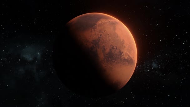 火星惑星は星の背景を持つ宇宙で回っています 4K映像で火星の赤い惑星の正面の眺めでズームします 太陽で照らされた3次元惑星の半分 — ストック動画