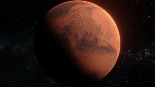 火星の惑星を飛び回って星の背景の上にオープンスペースで回転しています 4K映像で火星の赤い惑星についての壮大な眺め 3D神秘的な惑星の光のクレーターのテクスチャ — ストック動画