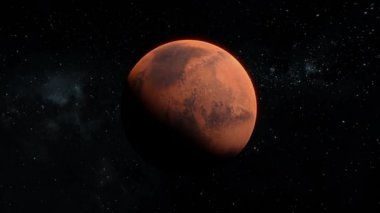 Mars gezegeni manzarasını terk ediyorum. Arka planda yıldızlarla uzayda uçan Mars 'ın izini sürmek
