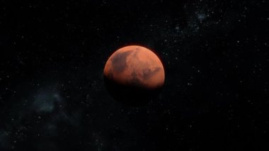 Mars 'ın arka planda yıldızlarla birlikte uzayda uçtuğunu gösteren görüntüler. Mars kızıl gezegeninin 3d 4k görüntüsünü yakınlaştır