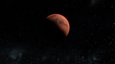 Mars gezegen görünümüne yaklaşıyoruz. Uzayda Mars 'a uçmak. Yıldızlar üzerinde kırmızı gezegen 4k 3d görselleştirme