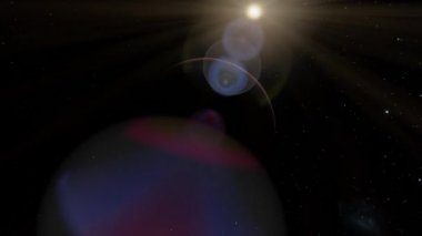 Güneş, Mars 'ın yıldızların üzerindeki açık uzayda parıldayan görüntüsünü verir. Güneş tarafından aydınlatılan Mars 'ın etrafında uçmak