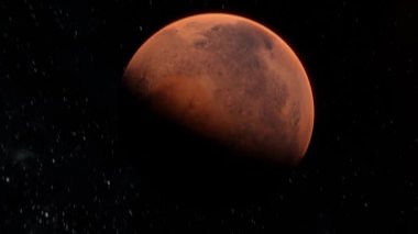 Mars gezegeninin yanından uçmak, eğik atış. Açık uzay Mars görüşü Güneş ışığı ve yıldızlarla