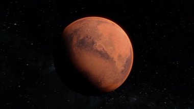 Mars gezegeninin etrafında yıldızların arka planında açık uzayda uçmak. 4k görselleştirme