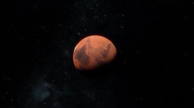 Dinamik 360 derece dönüyor ve yıldızların arka planında Mars gezegeninin açık uzayda görüntüsünü takip ediyor. Güneş sistemindeki kırmızı gezegenin etrafında dönüyor.