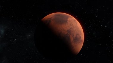 Açık uzay görüşünde Mars 'ın yanından uçmak. 4k 'lık görüntüde Kızıl Gezegen' in arka planından geçiyoruz.