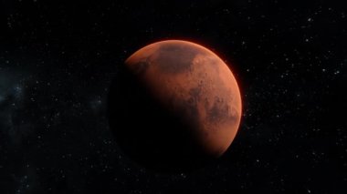 Mars 'ın üzerinde uçan yıldızların arka plan görüntüsü. Açık uzay 4k 3d görüntülerinde kırmızı gezegenin yanından geçiyoruz.