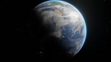 Yarı aydınlanmış Dünya gezegeni, 4k 'de uzaydan kendi eksen görüşü etrafında dönüyor.