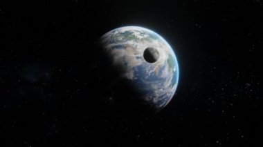 Dünya 'yı uzaydan izleyip Ay' ın Dünya 'nın yörüngesinde uçmasını izlemek. 4k görünümde yakınlaştır