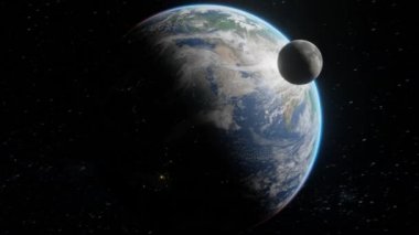 Ay 'ın yörüngedeki dinamik destansı görüntüsü Dünya' nın karanlık tarafında uçuyor. Uzaydan bir gece. 4k dijital sanat 3d