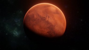 Aydınlatılmış Mars gezegeni eksen etrafında dönüyor. Yıldızların arka planında parlayan Mars 'ın ön görüntüsü. Dijital sanat alanı kavramı