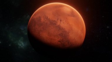 Mars kızıl gezegeninde yıldızların ve nebulanın üzerinde uzayda eksen etrafında dönen izler. Aydınlatılmış Mars görüntüsü. Gerçekçi 3d sanat 4k görselleştirme