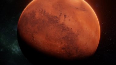 Yıldızların ve nebulanın etrafında dönen güzel Mars gezegeninin görüntülerini yakından takip edin. Aydınlatılmış Mars dijital sanat 4k içinde 3D görselleştirme