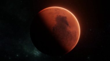 Mars gezegeni zaman ayarlı. Yıldızların arka planında uzayda dönüyorlar. Dijital sanat 3D konsepti 4k