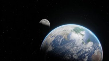 Ay 'ın Dünya' nın etrafında yıldızların arka planında uçuşunun dinamik görüntülerini izliyoruz. 4K görüntüde 3D dijital sanat
