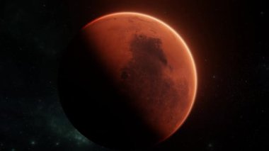 Mars gezegeninin muhteşem manzarası. Mars 'ın eksen etrafında dönüşü görüntüleniyor. Dijital sanat 3d görselleştirme 4k içinde