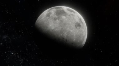 Güneşin arka planda parlamasıyla Ay 'ın açık uzaydan yükselişinin muhteşem bir görüntüsü. 4k 3d görselleştirmede Ay Günü