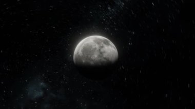 Ay 'ın açık uzayda yıldızların üzerindeki görüntüsünü yakınlaştırmak için destansı bir dönüş ve takip. Hipnotik 360 Ay görüşü