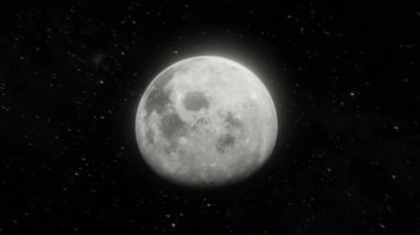 Aydınlanmış Ay, açık alanda yıldızların arka planında hareket ediyor. 4k 3d görselleştirme