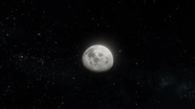 Açık uzayda Ay 'ın destansı görüntüsünün izini sürüyorum. 4k 3d görselleştirme ile Ay 'ın altında yıldızların üzerinde uçmak