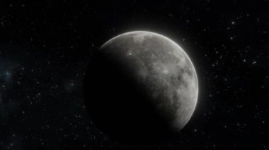 Açık uzay destansı çekiminde Ay 'ın yanından hızla geçiyoruz. Gerçekçi 3d görselleştirme 4k ile Ay görünümüne yakın uçmak