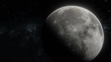 Açık uzayda Ay 'ın yanından uçmak. Aydınlatılmış Ay, 4k 3d görselleştirme ile destansı bir çekimle geçiyor