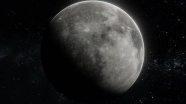 Yıldızlar üzerinde açık uzayda Ay 'ın etrafında dönerek iz sürmek. 3d görselleştirme 4k görüntülü ay