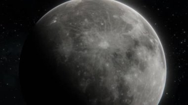 Uzaklaşıp Ay 'ın açık uzayda görüntüsünü yakınlaştırıyorum. Ay 'ın geriye doğru uçuşu. Gerçekçi 3d 4k görselleştirme