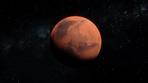 軌道上で火星の惑星が宇宙を飛んでいるのを追跡する 火星が視界を飛び回っている 3D可視化の赤い惑星 — ストック動画